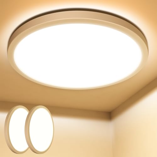 Lepro Lámpara LED Techo Cocina, Blanco Cálido 3000k, 18W 1800LM Pláfon LED Techo, IP44 Impermeable, Ultrafino 2,6cm, Redonda, Luz Empotrada para Baño, Cocina, Dormitorio, Pasillo, Ø22cm, 2 P