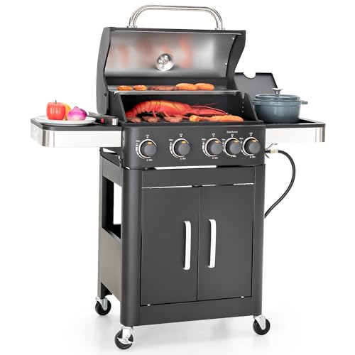 Captiva-Designs-4-Burner-Propane-Gas-BBQ-Grill-with-Side-Burner-Porcelain-Enameled-Cast-Iron-Grates-46700-BTU-Output-for-Outdoor-Cooking-Kitchen-and-Patio-Backyard-Barbecue-Black Captiva Designs 4 Burner Propane Gas BBQ Grill with Side Burner Porcelain Enameled Cast Iron Grates 46700 BTU Output for Outdoor Cooking Kitchen and Patio Backyard Barbecue Black