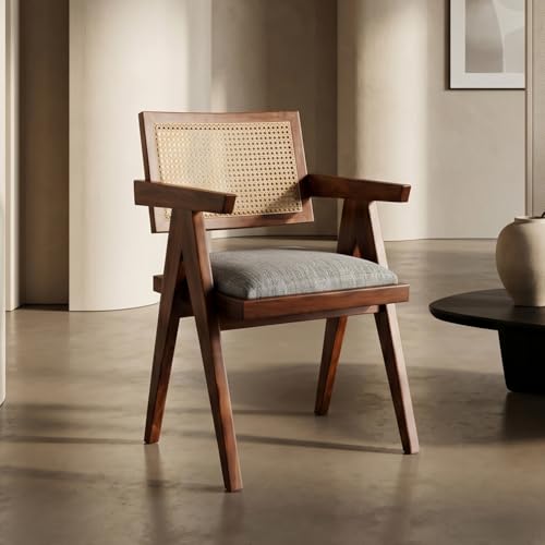 Image of WOODLAB Furniture Solid Sheesham Wood Arm Chair with Cushion and Cane Back Support | Wooden Upholstered Armchair for Living Room, Bedroom, Dining, Balcony, Study & Indoor Outdoor Use (Natural Finish)