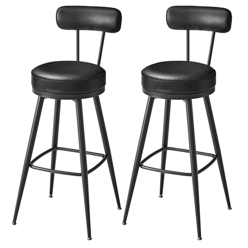 VASAGLE EKHO Kollektion - 360° drehbarer Barhocker, 2er Set, Hocker mit Rückenlehne für Bartisch, Kunstleder mit Nähten, Mid-Century-Modern-Stil, 76 cm hoch, Küche, Hausbar, tintenschwarz LBC889B01