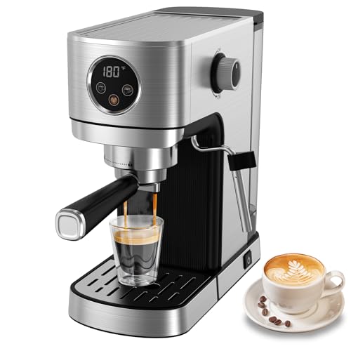 VEGETA 20 Bar Espresso Coffee Machine, Stainless Steel Espresso Machine with Steam Milk Frother, Compact Coffee Maker for Latte, Cappuccino, Silver