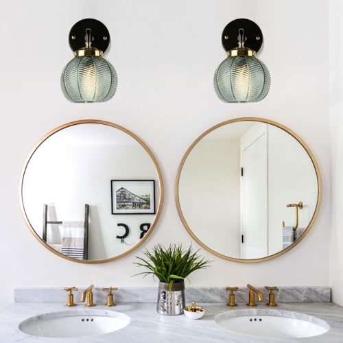 Image of Black Gold Bathroom Light Fixture Green 1-Light Bathroom Vanity Lamp | Mid Century Vanity Light Art Deco Light with 15cm /5.9″‌ Globe Glass Ribbed Lamp Shade for Over Mirror Bedroom Hallway 2 Pack