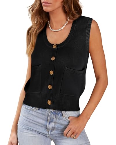 Image of Yousify Womens Sweater Vest Summer Ribbed Tank Tops Sleeveless Button Down Shirts Scoop Neck Top for Women
