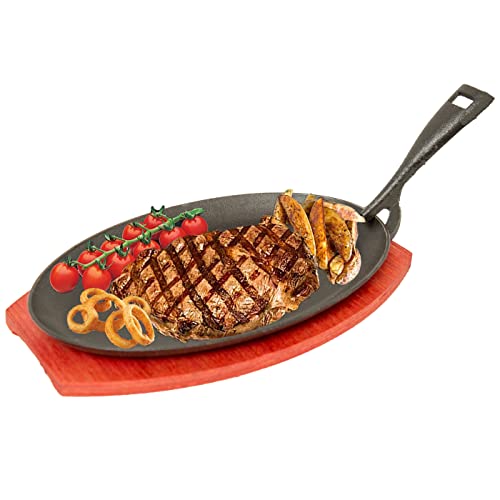 Cast Iron Sizzler Plate Oval Serving Pan, Pre-Seasoned Fajita Platter with Wooden Trivet for Serving Hot Sizzling Dishes (27cm x 17.5cm)