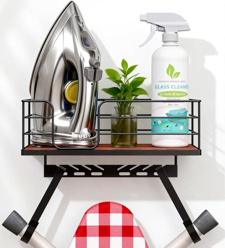THYGIFTREE Ironing Board Hanger Wall Mount Adjustable Hooks Fits T & Y Shaped Boards, Iron Holder Metal Frame with Wood Shelf for Laundry Room Organization, Holds Iron, Steamer & Accessories