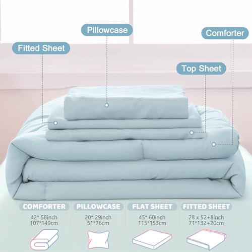 Image of Toddler Comforter for Girls Blue Toddler Bedding Set 4 Pieces Double Ruffles Comforter Sets, Cozy and Tender Bedding Includes Comforter, Fitted Sheet, Flat Top Sheet and Pillowcase, Blue
