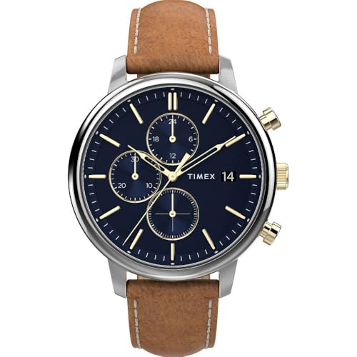 TIMEX Men's Chicago Chronograph Brown Leather Strap Watch, Brown, 45 mm