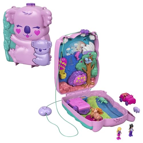 Polly Pocket Schatulle, Koala Bär in Tierabenteuer Thema, mit 2 Puppen, 5 Tieren und 1 Auto, interaktive Elemente für intensives Spielen, Spielzeug ab 4 Jahren, GXC95