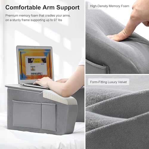 Image of OPTIXCELL Reading Pillow for Gaming with Ergonomic Arm Rests, Wooden Lap Desk for Laptop, Support Pillow with Side Pockets for Reading, Writing, Working, Gaming on Bed, Couch or Floor (Gray, Large)