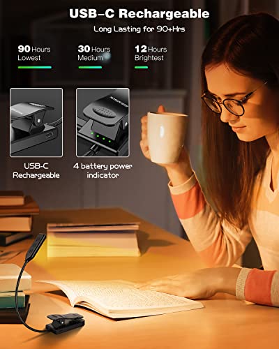 Book Light For Reading In Bed, Clip On Reading Light With 30/60 Mins Timer, Usb-C Rechargeable & 1000 Mah Up To 90+Hrs, 3 Colors & 5 Brightness, Incl Travel Case, Perfect For Avid Reader (Black) #TOP3