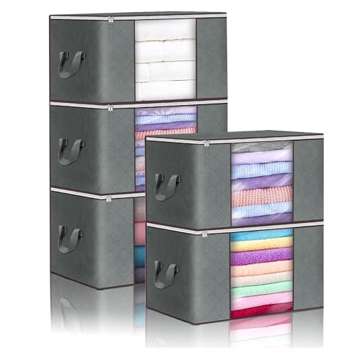 布団収納袋 衣類収納ケース 5個セット 50×35×20cm 大容量 収納ボックス 不織布 押し入れ収納 折りたたみ式 取っ手付き 衣装ケース clothes storage 深灰色