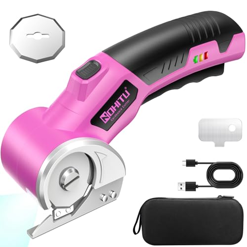 Cardboard Cutter: 4V Rechargeable Rotary Electric Box Cutter, 3000mAh Battery, with LED Light & Safety Lock, 2 Blades, Cordless Electric Scissorsfor Fabric Carpet Carton Plastic Leather Cloth (Pink)