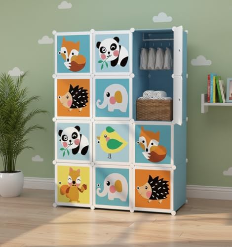 Image of KRISHYAM Kids Modular Storage Cabinet with Cartoon Animal Doors,12 Cube Plastic Wardrobe Organizer, DIY Closet System with Hanging Rod, Toy & Clothes Storage (Blue Animal Print, 12 Box)