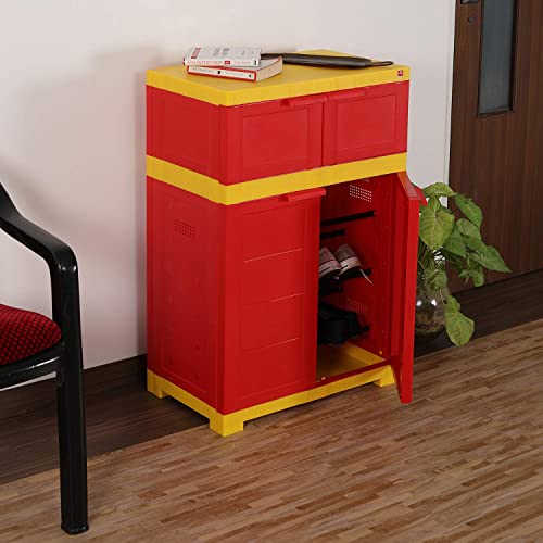 Image of Cello Novelty Dual Plastic Shoe Rack with Dustproof Doors| 3 Year Warranty | Chappal /Slipper /Footwear Stand for Home, Living Room, Office, Outdoor| Red & Yellow Colour