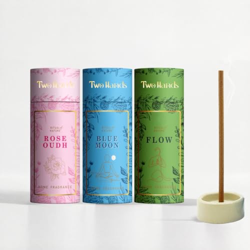 Image of Twohands Premium Bambooless Dhoop Sticks Combo Pack of 3 - Rose Oudh, Blue Moon & Flow |30 Sticks Each with Ceramic Stand |Charcoal Free Dhoopam,Dhup & Incense Sticks for Pooja, Meditation
