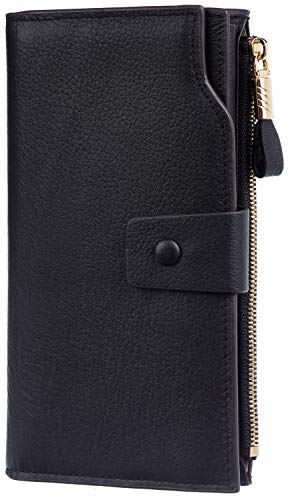 Travelambo Womens RFID Blocking Large Capacity Luxury Waxed Genuine Leather Clutch Wallet Multi Card Organizer(Peb Black Up)