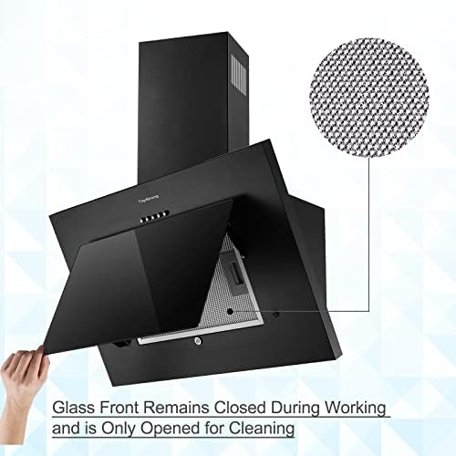 Cooker Hood 60cm, Cooker Extractor Hood Tempered Glass Stainless Steel Kitchen Extractor, 3 Speed Touch Control, LED Light, Black, TopStrong [Energy Class B]
