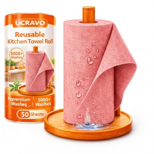 Image of UCRAVO 4 Roll kitchen cloth 200 Sheets microfiber cleaning cloth roll Reusable,Tear-Away Cleaning Rags 40000 Times Washable -kitchen wipes Very Soft Cloths for Home, Kitchen, Car Cleaning (PINK)