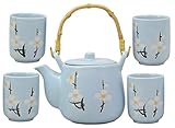 Ebros Gift Japanese Sakura Pastel Sky Blue Cherry Blossom Design Porcelain 20oz Tea Pot and 4 Cups...