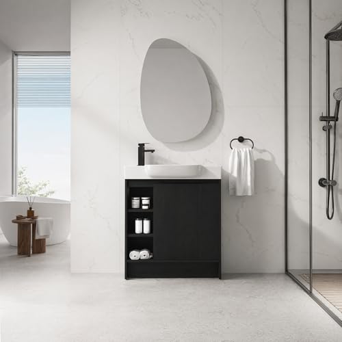 Image of 30 inch Freestanding Bathroom Vanity with Integrated Ceramic Sink, Floor Mount Bathroom Cabinet with 3 Open Shelves & Soft Close Door, Modern Small Bath Vanity Set, Easy to Clean, Dark Oak