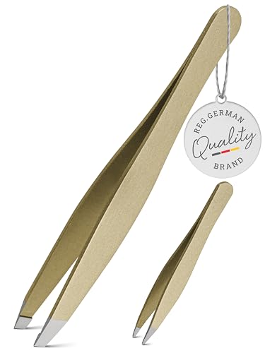TITANIA® Juego de pinzas de acero inoxidable con punta oblicua + pinzas puntiagudas, pinzas de precisión de acero inoxidable para cejas, pelos encarnados y astillas, color dorado