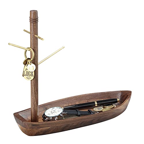 C-Joy Wood Tabletop Key Holder , Brass Metal Hooks & Storage Tray,Organizer Hanging Stand For Entryway,Office More (Walnut), 11.7''Lx4.72''Wx10.6H'' Inches #TOP3