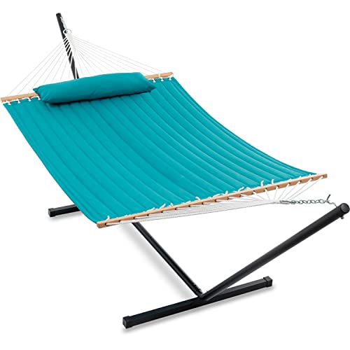 Gafete 55 Inch Extra Large Two Person Hammock With Stand Included Heavy Duty Portable Cotton Double Hammocks With Hardwood Spreader Bar Soft Pillow For Patio Outdoor, Max 475Lbs Capacity (Aqua) #TOP2