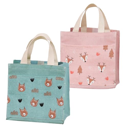 Spldsun 2 Stücke Stofftaschen mit Griffen, Stofftaschen Wiederverwendbare, Einkaufstasche Wiederverwendbare für Schule, Büro, Reise, Urlaub, Camping (Grün, Rosa)