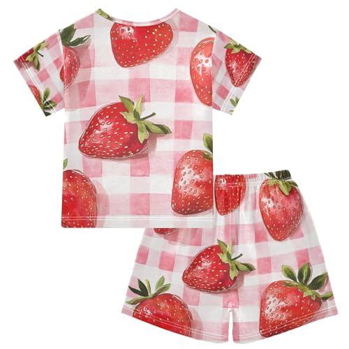 Strawberry Plaid Summer Pajamas Set 2 Piece Short Cotton Sleepwear, 5-14 Years2