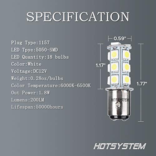 HOTSYSTEM 1157 LED Light Bulbs DC12V BAY15D 2357 P21/5W 18-5050 SMD for Car RV SUV Camper Trailer Trunk Interior Reversing Backup Tail Turn Signal Corner Parking Side Marker Lights(White,Pack of 2)