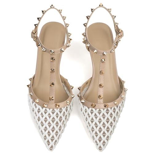 Image of XINIUNIU Studded Heels for Women Kitten Heels with Studs Stiletto Sandals with Rivet Ankle Strap Patent Leather Pointy Toe 2.5 Inch Party Daily Wear Evening Sandals