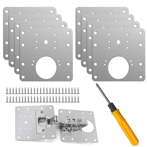 Jiaxitek 8 Pcs Stainless Steel Cabinet Hinge Repair Plate Kit with Screws and Mounting Tools for Wooden Kitchen Cabinets and Doors