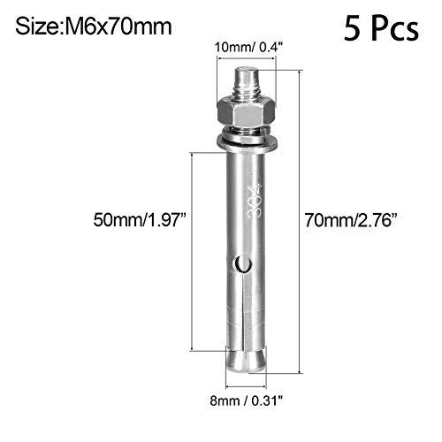 Image of 5 Pcs M6 x 70mm 304 Stainless Steel Expansion Bolt External Hex Expansion Screw Bolt Sleeve Anchor,Pool-Safety-Cover Expansion Bolts,for Concrete