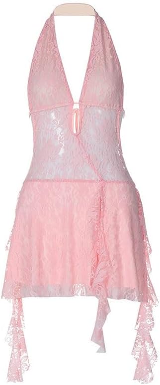JSEIAJB Women Hollowout Deep V Backless Short Skirt Splicing Ribbon Hanging Neck Lace Dress Tie Cotton Mid-Waist Stretch Dress(D,Medium)