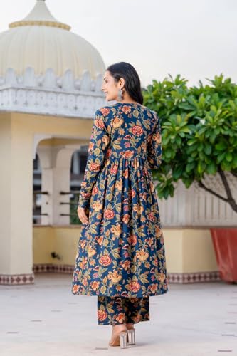 Image of MEERA FAB Women's Cotton Blend V-Neck Anarkali Printed Kurta with Palazzo & Dupatta