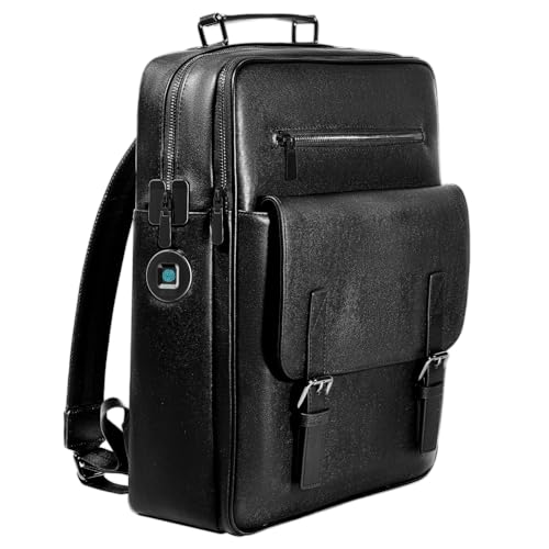 Men's Fingerprint Lock Leather Backpack with Anti-Loss Tracker - Genuine Leather Briefcase Bag for Business Travel & Daily Commute,Laptop Bag with Magnetic Flap & Multiple Pockets,Gift for Men