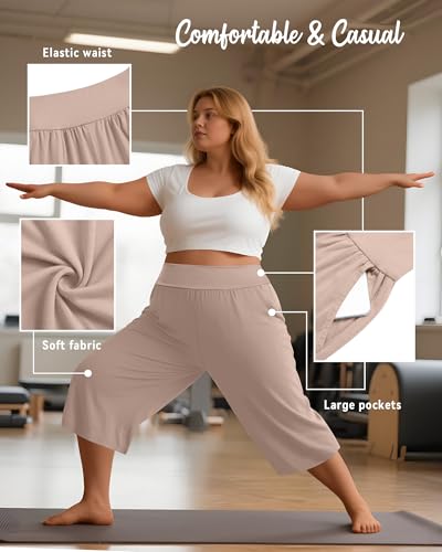Neer 3 Pack Women's Plus Size Capri Pants, Wide Legs Elastic Waist Capris with Pockets Lounge Loose Sweatpants3
