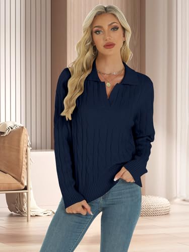 Womens Long Sleeve Sweaters Cable Tops Solid Lapel Polo V Neck Knit Casual Soft Pullover Shirt 2025 Spring Outfits Navy Blue2