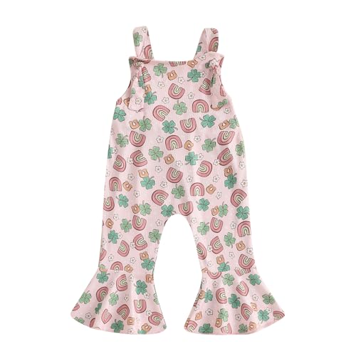 KMBANGI Toddler Baby Girl St Patricks Day Overalls Jumpsuit Sleeveless Clover Ribbed Suspender Pants Baby Bell Bottoms Spring (Pink, 18-24 Months)
