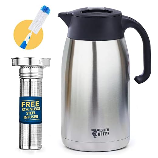 Hybrid Coffee Carafe Thermal 68oz/2L, Double-wall Vacuum Insulated Stainless steel pitcher/dispenser- Tea Carafe with fine mesh infuser for loose leaf tea, Coffee or Cold Brew, Brush included
