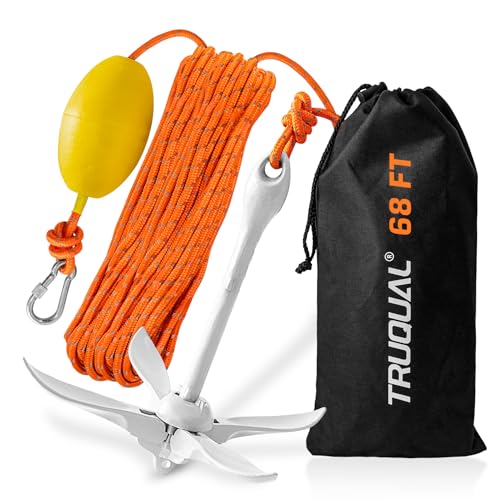 Truqual Kayak Anchor with 68ft Reflective Rope,3.5 lbs Paddle Board Anchor,Small Boat Anchor,and Canoe Anchors– Kayak Anchor System and Rope Accessories,Silver