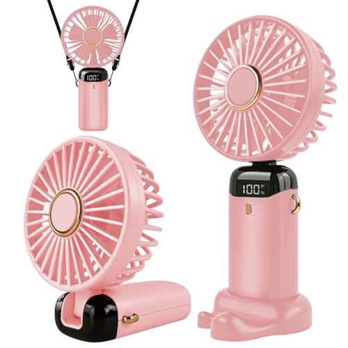 Jsdoin Ventilador de mano portátil, 5 velocidades recargable por USB,funciona con pilas, ventilador plegable de escritorio con pantalla LED para el hogar,oficina,dormitorio,viajes al aire (Rosa)