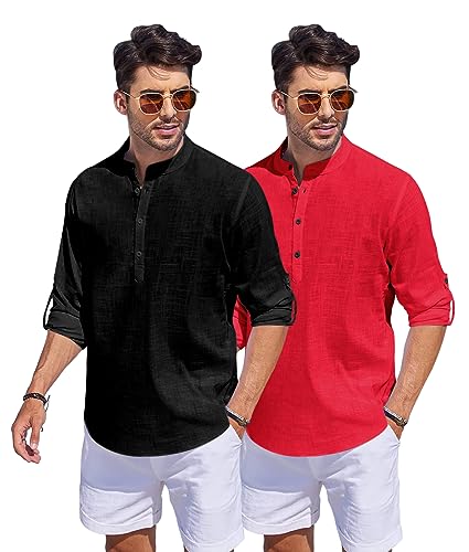 Image of Bellstone Men's Cotton Blend Straight Kurta Shirt Combo with Mandarin Collar - Slim Fit Casual Short Kurti Set Featuring Textured Slub Fabric and Roll-Up Full Sleeves