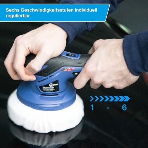 cartrend Akku Poliermaschine,2.500-5.000 U/Min (6 Stufen), Wechselakkus 12V, 2X Polierhauben, 1x Polierschwamm, geräuscharm, Tellerdurchmesser 150 mm