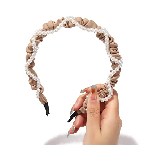 Casdre Pearl Headband Light Brown Fashion Twisted Knotted Headband Chiffon Cross Hair Band Bridal Hair Hoop Hair Accessories For Women And Girls #TOP3
