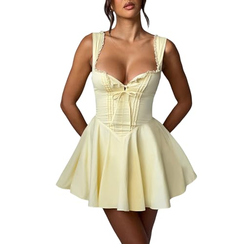 Image of Aopwsrlyi Women Sexy Corset Mini Dress Sleeveless Backless Ruffle A Line Mini Dress Summer Going Out Party Club Dress