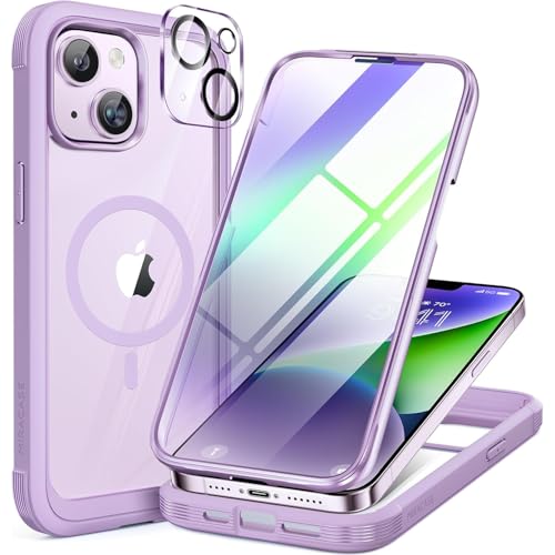 Image of Miracase Magnetic for iPhone 14 Case 6.1 inch, [Built-in Tempered Glass Screen Protector + Lens Protector] [Compatible with MagSafe] Full-Body Protective Bumper 14 Phone Cover, Purple