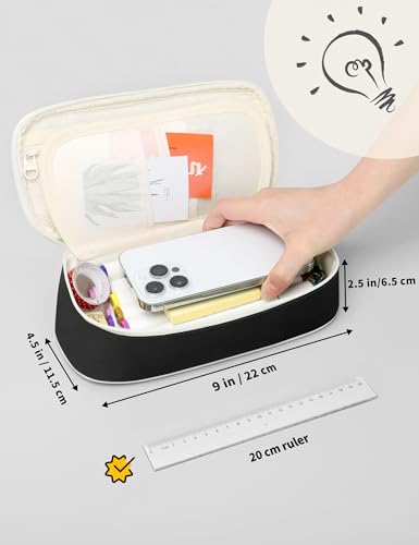 Image of SUNEE Cute Pencil Case, Aesthetic Pen Pouch, Colored Large Pencil Bag with Zipper, Kawaii Stationery Storage and Organizer, School Supplies for Teen and Adult Girls, Black