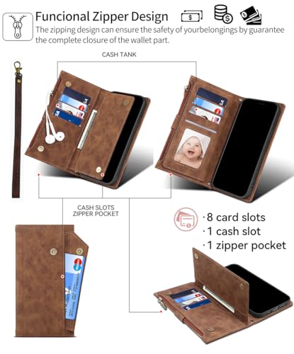 Zipper Case for iphone 16 Pro max, Leather Wallet Book Stand view Magnetic Protect RFID Blocking Cover with iphone 16 Pro max-Brown - Image 3