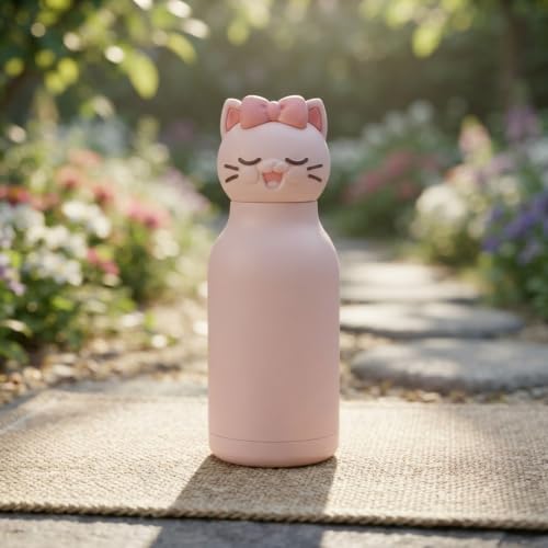Image of JOUET Kids Water Bottle 450ml, Stainless Steel Leakproof Bottle with Cute Cat Character Lid, Reusable School Water Bottle for Boys & Girls